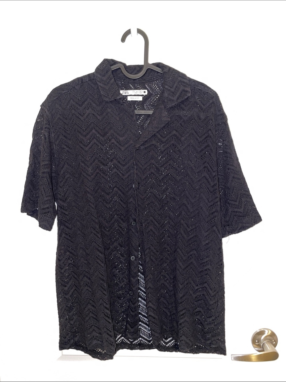 Zara Black Short-Sleeve Crochet Button-Up Shirt Jacket